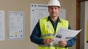 an image of a contractor holding a set of blueprints, wearing a hard hat and safety vest, with certificates and licenses hanging on the wall in the background.