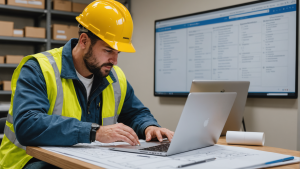 an image showing a contractor in construction reviewing blueprints, using a laptop for scheduling, and coordinating with a team on-site. Include a whiteboard with project timelines and materials list.