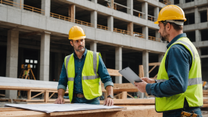 an image of a building construction contractor overseeing workers, inspecting building materials, and communicating with clients on a construction site. Show various construction stages and equipment.