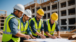 an image showing a diverse team of contractors working together on a construction site. Include detailed elements such as blueprints, tools, safety gear, and a completed building in the background.