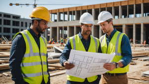 an image of a diverse team of contractors discussing plans, examining blueprints, and working on a construction site. Include tools, safety gear, and a completed building in the background to illustrate qualities to look for in a contractor.