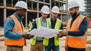 an image of a diverse group of construction contractors discussing plans and inspecting a blueprint on a construction site. Show them evaluating materials, communicating effectively, and demonstrating professionalism.