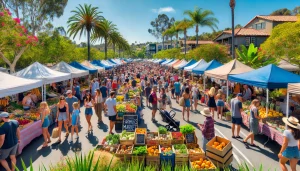 an image of a bustling outdoor farmers market in Costa Mesa, CA, showcasing colorful stalls with fresh produce, handmade goods, and people shopping and socializing under sunny skies.