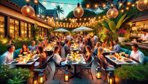 an image of a vibrant outdoor patio filled with diners enjoying fresh seafood dishes and craft cocktails under twinkling string lights in Costa Mesa, CA.