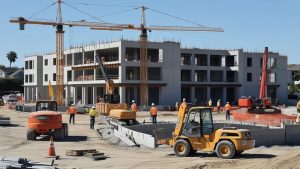 A multi-story building under construction in Culver City, California, with workers, cranes, and heavy machinery in the foreground.