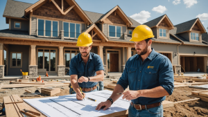 an image showcasing a custom home construction contractor overseeing a team of workers on a luxury home site. Include modern tools and materials, personalized design plans, and a beautiful finished home in the background.