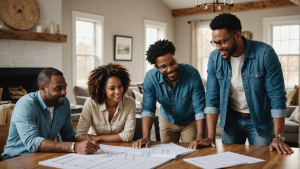 an image showing a diverse group of homeowners meeting with a team of custom home construction contractors, discussing plans and reviewing blueprints in a cozy living room setting.