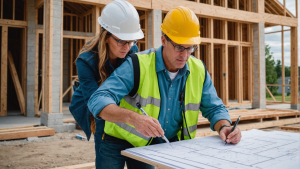 an image showing a custom home construction contractor discussing factors affecting costs: location, size, materials, complexity, and design choices. Include a blueprint, samples, and a calculator.