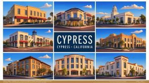 A collage of iconic buildings and landmarks in Cypress, California, celebrating the city's architectural diversity and the necessity of performance bonds in its thriving construction industry.