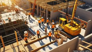 A busy construction site in Cypress, California, showcasing workers in safety gear, cranes, and heavy machinery, symbolizing the importance of performance and payment bonds in large-scale projects.