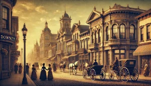 an image showcasing Downey, CA's historical background by depicting a vintage street lined with Victorian-era buildings, horse-drawn carriages, and people in period clothing. Include a prominent historical landmark in the background.