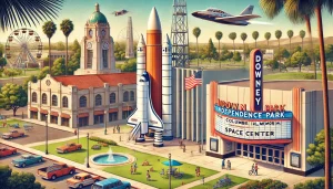 an image showcasing the top attractions in Downey, CA. Include the Columbia Memorial Space Center with its rocket exhibits, historic Downey Theatre, and charming Independence Park with a playground and picnic area.