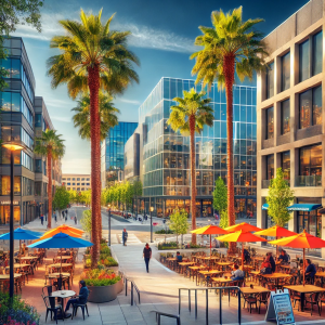 an image of a vibrant downtown Sunnyvale scene, showcasing a mix of tech offices, outdoor dining areas, palm trees, and diverse pedestrians, capturing the essence of Sunnyvale CA Overview.