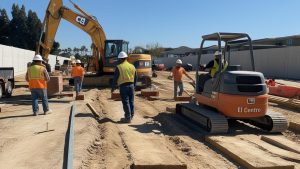 Construction crew working on a major development project in El Centro, California, featuring excavators, safety gear, and visible progress in urban infrastructure improvements.