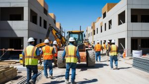 Construction workers in El Centro, California, building a new modern residential complex, highlighting active development and growth in the local real estate sector.