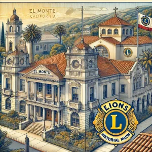 an image showcasing the historical landmarks of El Monte, CA. Include the Mission Playhouse's terra cotta tile roof, the Lions Club emblem, and the El Monte Historical Museum's Victorian architecture.