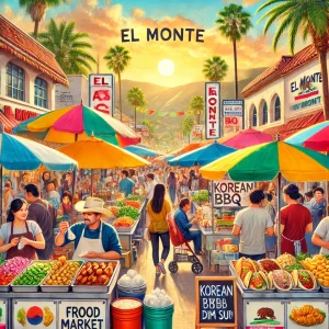 an image showcasing a vibrant street market in El Monte, CA, bustling with diverse food stalls selling traditional Mexican tacos, Korean BBQ, dim sum, and fresh fruit smoothies under colorful umbrellas.