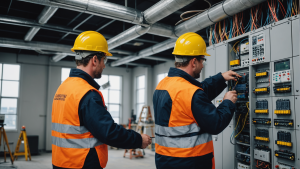 an image of an electrical construction contractor overseeing a team installing wiring, electrical panels, and lighting fixtures in a commercial building. Show precision, safety gear, and teamwork.