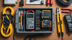 an image showing an electrical construction contractor offering services such as electrical wiring, lighting installation, panel upgrades, and troubleshooting. Include tools like wire strippers, voltage testers, and a circuit breaker box.