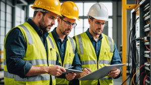 an image showing an electrical construction contractor with a team working efficiently, demonstrating qualities like attention to detail, teamwork, safety gear, and professionalism.