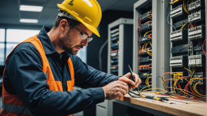 an image of a skilled electrical construction contractor working on a complex wiring project in a modern office building. Show the contractor using advanced tools and techniques, ensuring safety and efficiency.