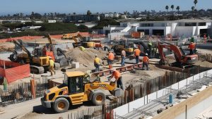 Active construction site in Encinitas, California, featuring workers, heavy machinery, and ongoing infrastructure development for residential and commercial projects.