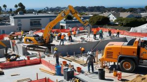 Residential construction site in Encinitas, California, showcasing workers, excavators, and other equipment in a modern housing development.