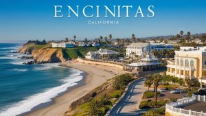 Panoramic view of Encinitas, California, highlighting beachfront properties, cliffs, and the coastal lifestyle in this picturesque Southern California town.