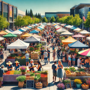 an image of a bustling farmers' market in Sunnyvale, CA, with colorful stalls selling fresh produce, flowers, and handmade goods. Include people browsing, sampling food, and enjoying live music.