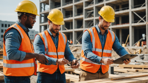 an image showcasing a diverse team of construction workers collaborating on a construction site, demonstrating teamwork, efficiency, and professionalism. Show them using various tools and equipment while working on a project.