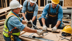 an image showcasing a general construction contractor offering services like remodeling, roofing, plumbing, electrical work, and landscaping. Include workers in action, tools, blueprints, and a variety of construction materials.