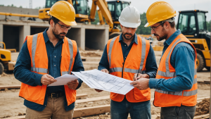 an image showcasing various construction workers in hard hats, inspecting blueprints, discussing plans, and operating heavy machinery on a construction site. Show diverse workers with different tools and equipment.