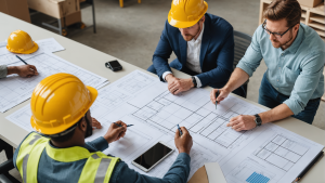 an image showing a diverse team of construction workers discussing blueprints, a scale model of a building, and a spreadsheet with cost breakdowns. Emphasize teamwork, planning, and budget considerations.