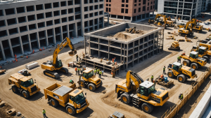 an image showcasing a bustling construction site with a diverse team of contractors collaborating on a commercial project. Highlight various construction activities, equipment, and teamwork to emphasize the importance of general contractors in overseeing the construction process.