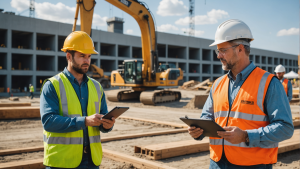 an image illustrating a professional general contractor overseeing a commercial construction site, coordinating workers, inspecting quality, and managing timelines efficiently. Include a variety of construction equipment and workers in action.