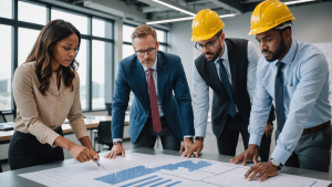 an image of a diverse team of architects, engineers, and contractors discussing blueprints in a modern office boardroom. Show a project timeline, budget sheets, and construction materials in the background.