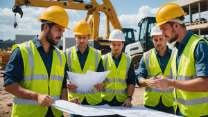 an image of a diverse team of construction workers in hard hats and safety vests reviewing blueprints and discussing plans on a construction site with heavy machinery and building materials in the background.