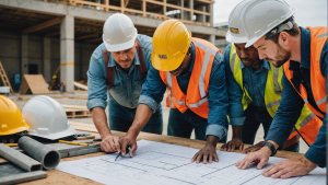 an image showcasing a diverse team of construction workers collaborating on a blueprint, with one worker overseeing the project. Include various tools, hard hats, and safety equipment.