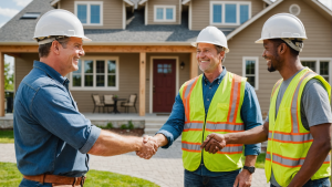 an image of a smiling homeowner shaking hands with a general contractor in front of a newly built house. Include construction workers, plans, and tools in the background.