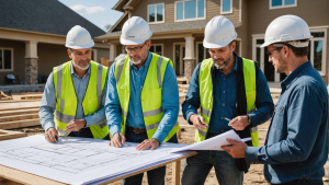 an image showing a diverse group of architects and homeowners discussing blueprints and construction plans with a professional general contractor. Include a checklist of factors to consider when selecting the right GC.