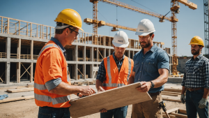 an image showcasing a skilled general contractor overseeing a team of workers, meticulously installing high-quality materials with precision and attention to detail on a construction site.