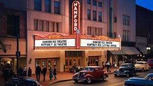 Historic Hanford Fox Theatre lit up at night, with classic cars and pedestrians on the street, celebrating Hanford’s cultural heritage and community events.