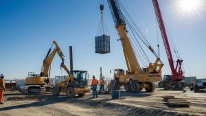 Active construction site in Hanford, California, featuring cranes, excavators, and workers collaborating under a clear blue sky. A project showcasing the importance of performance bonds.