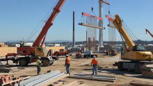 Hanford, California construction site with multiple cranes lifting large panels, workers managing materials, and equipment in operation—highlighting secured projects with bid and performance bonds.