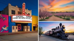 Hanford, California highlights: the iconic Fox Theatre marquee, blooming almond orchards, and a historic train under a vibrant sunset—capturing the city's rich cultural and historical essence.