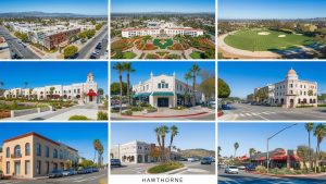 Collage of iconic spots in Hawthorne, California, including historic buildings, parks, and city streets, representing the local atmosphere where contractors may seek performance bonds for various projects.