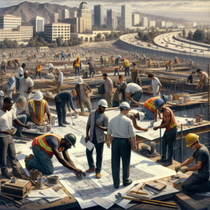 Construction site in Hemet, California, with diverse workers reviewing blueprints and building structures against a backdrop of city skyscrapers and highways.