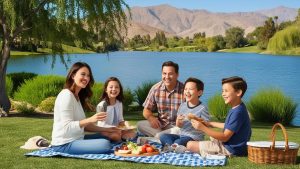 Family enjoying a picnic by a lake in Hemet, California, surrounded by lush greenery and distant mountains.