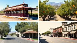 Collage of historic buildings, orchards, and downtown streets in Hemet, California, showcasing the city's architectural charm and agricultural heritage.