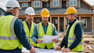 an image showcasing a home construction contractor overseeing a team of workers, inspecting quality materials, and meeting with clients. Emphasize professionalism, expertise, and attention to detail.